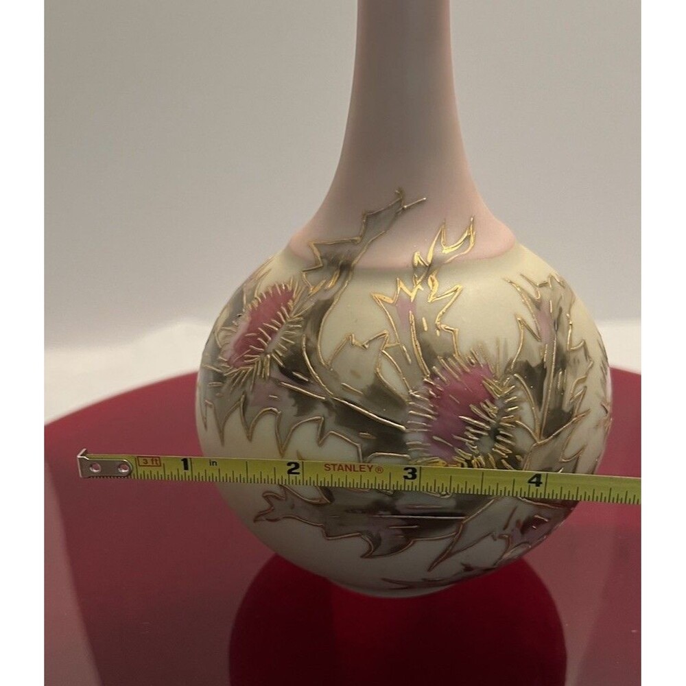 VTG Hand Painted Satin Finish Porcelain  Vase Gold Accented Thistle EUC - Picture 8 of 9